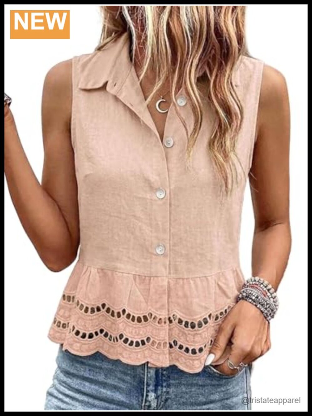 Sleeveless Cotton Tank Top V-Neck Button Down Eyelet Embellished Scalloped